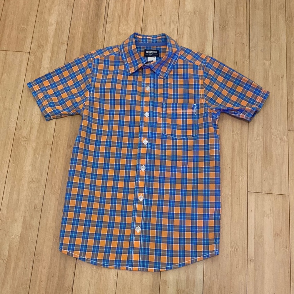 5/$25 OshKosh B’gosh button front, orange & blue plaid shirt, size 10